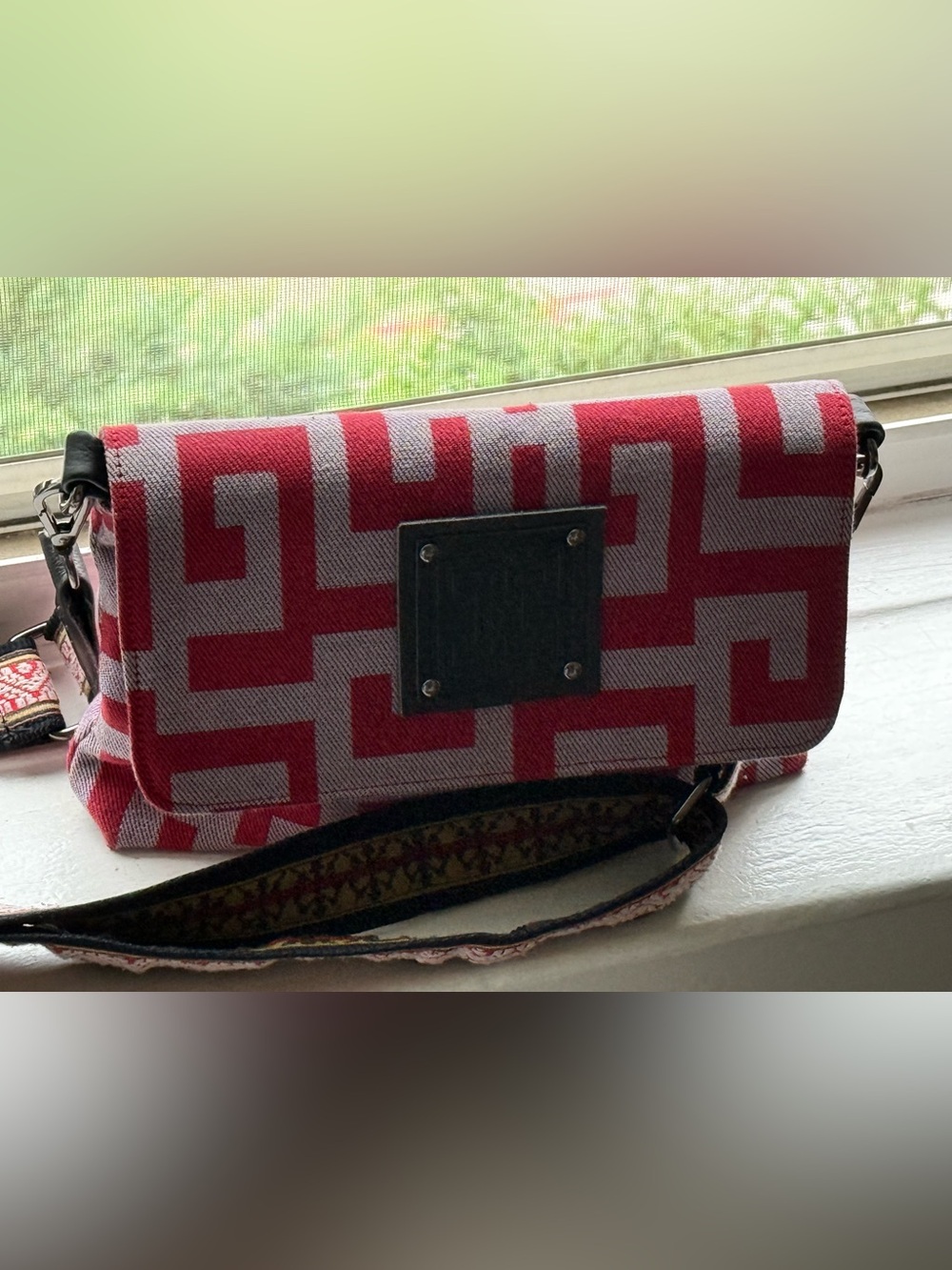 Geometric Red and Gray Canvas Crossbody Bag